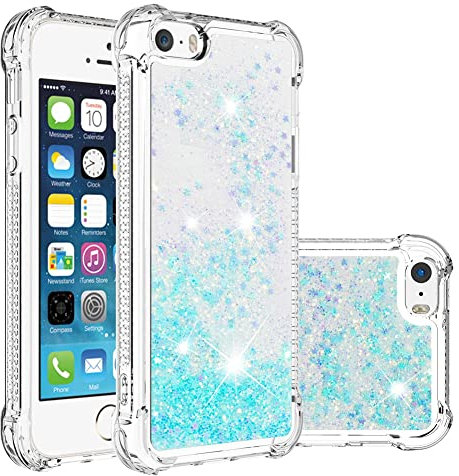 IMEIKONST Glitzer Hülle Kompatibel mit iPhone 5S, Handyhülle Flüssig Mädchen Treibsand Schuzhülle Glitzer klar Stoßfest TPU Bumper Silikon Case für iPhone 5 / 5S / SE. Star Blue YBW