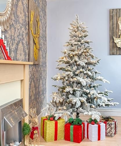 SHATCHI 4Ft-8Ft Luxury Pre Lit Flocked Christmas Snow Covered Green Tips Hinged Branches Bushy Artificial Xmas Tree Home Snowy Decorations Warm White LEDs Lights, 5Ft