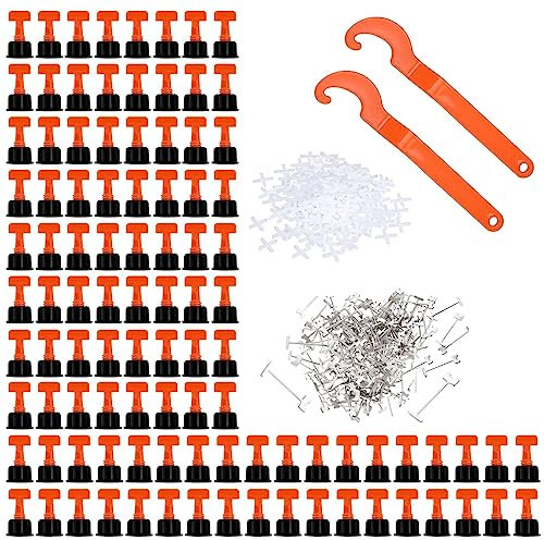 ToKinCen Lot de 402 systèmes de nivellement de carrelage, 100 niveaux, réutilisables, réglables, entretoises avec 2 clés spéciales, 100 broches en T, 200 croix de carrelage pour mur, sol, carrelage