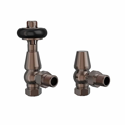 NRG Traditional Antique Angled Central Heating Radiator Valve 15mm Thermostatic + Lockshield Valve Antique Copper with Black Hand Wheel