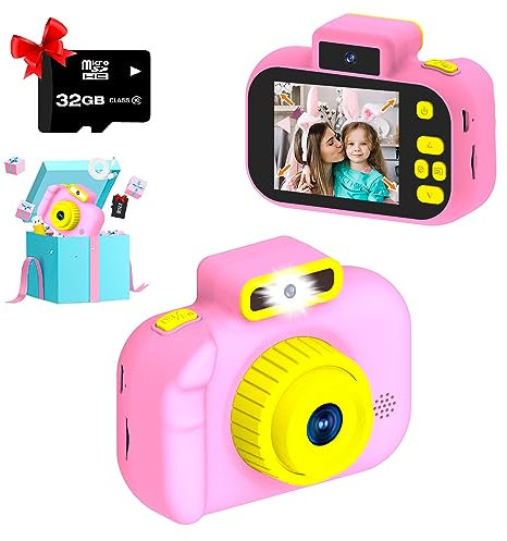 Lacosvi Cámara para niños selfi Infantil con Flash y linterna y tarjeta SD 32GB 40MP, 1080P HD regalo de cumpleaños de Navidad para niñas de 3 a 9 años, cámaras vídeo digital juguete portátil (Rosa)