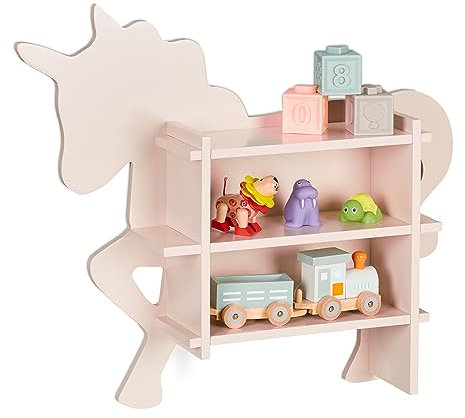Relaxdays Kinderregal Einhorn, 2 offene Fächer, Bücherregal Kinder, Wand, HxBxT: 54,5x66x13 cm, Kinderzimmer Regal, rosa