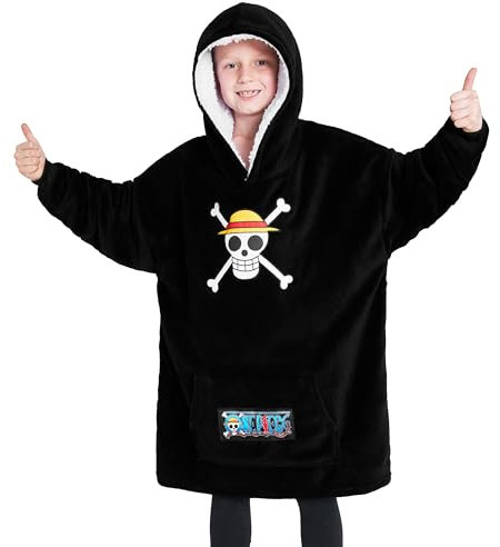 One Piece Pull Plaid Enfant, Sweat Oversize en Polaire, Poncho Plaid, Cadeau Anime Manga Enfant Ado Taille Unique