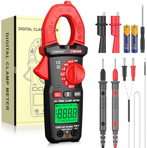 CAMWAY Pinza Amperimétrica digital TRMS 600A AC Corriente AC/DC Voltaje NCV Continuidad Resistencia Capacitancia Temperatura Diodo Test,4000cuentas,LCD retroiluminada