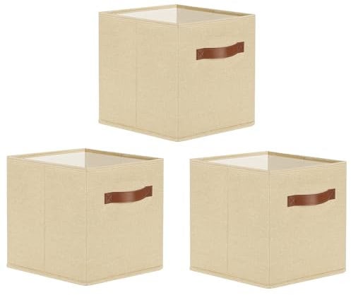 Cinnani Aufbewahrungsbox Stoff 33x33x33 cm 3er Set Aufbewahrungskorb Beige, Kallax Einsatz Korb, Ordnungsboxen, Kisten/Boxen Aufbewahrung, Regalkörbe, Organizer Box für Würfelregal und Kallax Regal