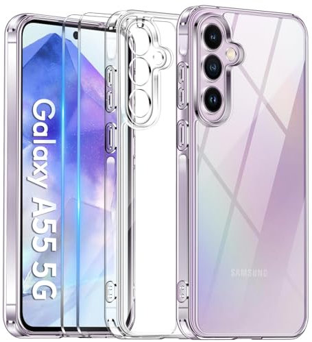 COPIKE Coque Protection Caméra pour Samsung Galaxy A55 5G et 2 Pièces Verre Trempé, Coque Samsung A55 Mince Antichoc Anti-Jaune Anti-Rayures Housse, Transparent