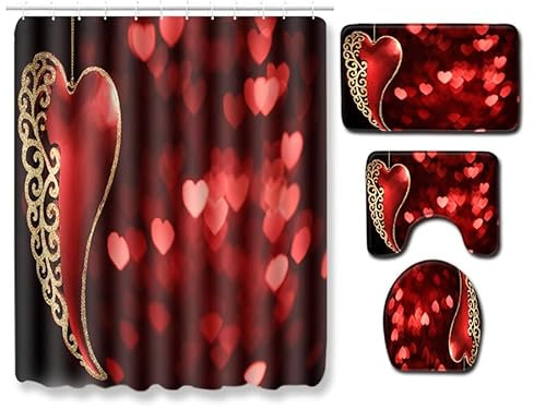 Badezimmerteppich Rotes Gold Herz Badematte Set 3 Teilig,Teppich Badvorleger rutschfeste (50x80)+U-Typ Wasseraufnahme Schmutzfangmatte +Schnelltrocknend Toilet Fußmatte