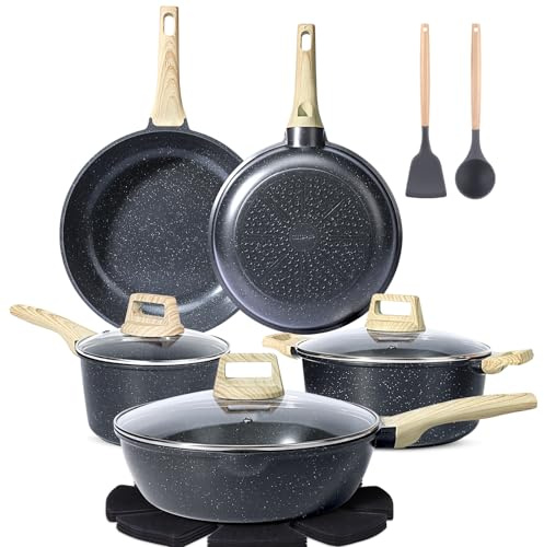 GiPP Pots and Pans Set Non Stick - 10 Piece Gray Granite Kitchen Cookware Sets Nonstick Induction Cookware Non-Toxic Cooking Pan Set with Silicone Utensils, PFOS and PFOA Free