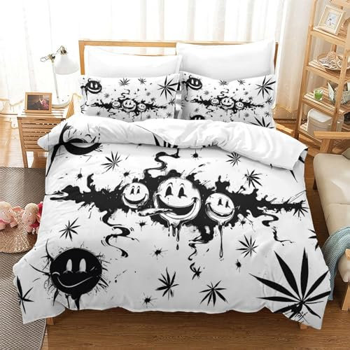 HMLTD Bettwäsche Schwarzer Smiley 3D Aesthetic Bettwäsche Set Für Einzelbett Weiche Microfaser Kinder Bettdecken Set Bettbezug Und Kissenbezug Single(140x200cm) 2 Teilig
