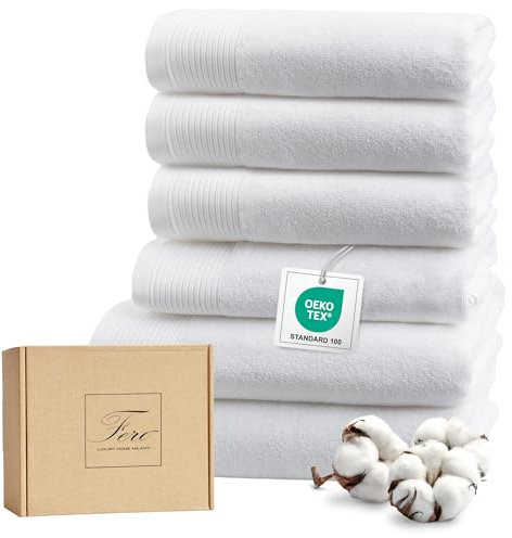 Ferò Luxus Handtücher Set, 6-teilig, 100% Baumwolle Low Twist 550 g/m², Ultra Weich und Saugstark, Oeko-TEX, Italienisches Design, Bath Towels, 4 Handtücher 50x100cm, 2 Badetuch 70x140cm, Weiß