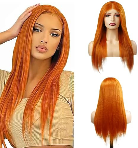 Hxxcoup Orange Wig Perücken Damen Echthaar Straight Human Hair Wig Ginger Orange 4x4 Lace Front Wig Glueless Perücken Transparent Swiss Lace Brazilian Remy Hair Colored Wigs for Woman 22 Zoll