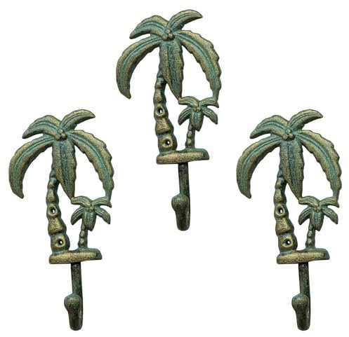 Cast Iron Palm Tree Wall Hooks - Set of 3, 8x4 Tropical Decorative Hangers, Rustic Black Finish, for Coats, Towels, Bags - Add a Touch of The Tropics to Your Home Decor