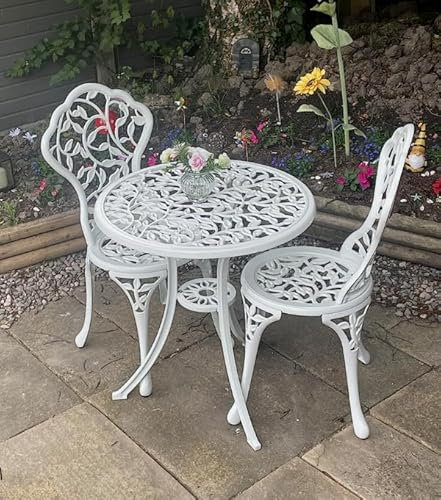 Vintage Garden Chairs White French Shabby Chic Antique Style Furniture 2 Seater Loveseat Outdoor Metal Bistro Patio Aluminium Dining Round Coffee Table Set 3