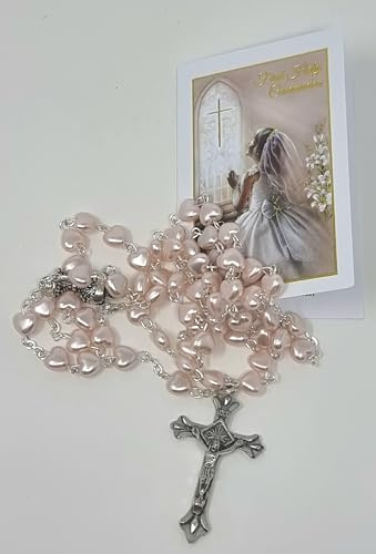 celebrationgiftsforall Rosenkranz für Mädchen zur Erstkommunion, rosa Herz-Rosenkranz in einem Kunststoffetui mit einem How to Pray The Rosenkranz und Mysteries