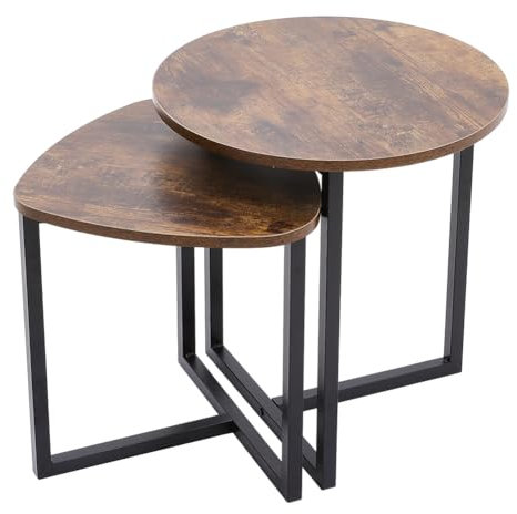 DARDVORLAG Couchtisch 2er Set – Beistelltisch im Vintage-Industriedesign, rund & dreieckig, braun, Metallgestell & MDF, Wohnzimmertisch Nesting Tische modern