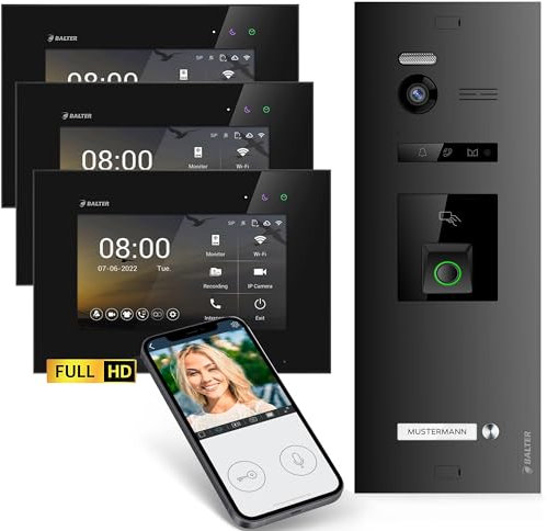 Balter EVO-HD Video Türsprechanlage mit Fingerprint, Video Türklingel, Smartphone App,1 Familienhaus, 3X 7 Zoll Monitore, Türklingel mit Kamera Full HD, 2 Draht Bus, 175° Weitwinkel, RFID,1080P