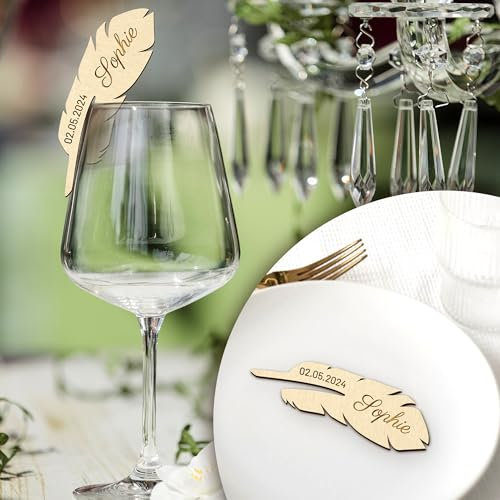 Marque place plume personnalisé en bois, date, décoration de table mariage champêtre, à poser ou à accrocher aux verres, baptême, communion, anniversaire (Lot de 10)