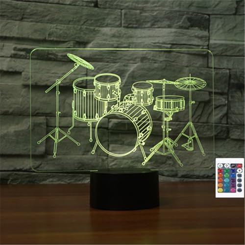 FLRXHK Drum Kit 3D-Illusions-Nachtlicht, Touch-Tischlampe mit Fernbedienung, 16 Farben, optisches USB-LED-Nachtlicht für Kinder, Geschenk, Raumdekoration