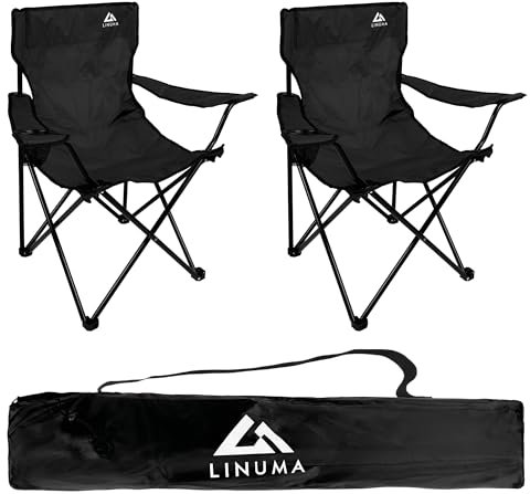 LINUMA® 2er Set - Faltstuhl SCHWARZ Campingstuhl Anglerstuhl mit Getränkehalter & Tragetasche - Anglersessel klappbar - Klappstuhl Gartenstuhl Faltstuhl Relaxsessel Angelsessel faltbar