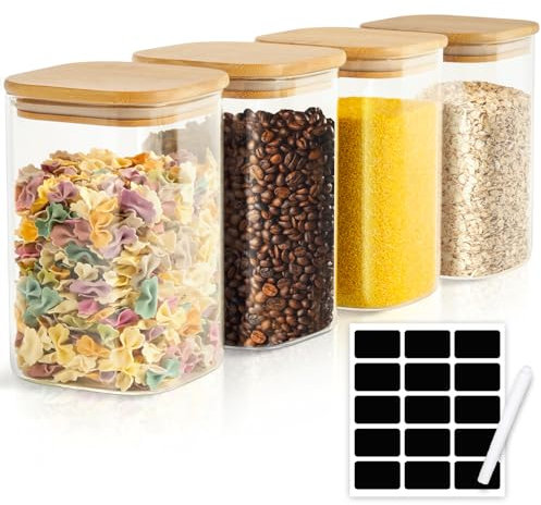 HIGLASTO Vorratsgläser mit Deckel 4er Set, 1200ml Vorratsdosen Glas mit Deckel Eckig 15cm + Etiketten, Aufbewahrungsbox Küche Vorratsbehälter für Spaghetti Pasta Nudeln Mehl Kaffeebohnen