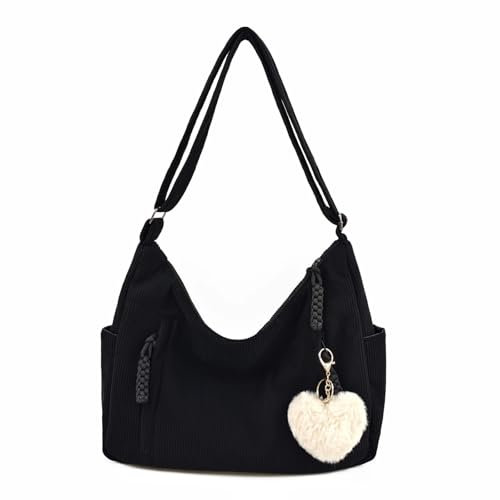 Mervokl Cord Tasche Damen Umhängetasche Shopper Handtasche Tote Bag Groß Crossbody Hobo Schultertasche Aesthetic Uni Tragetasche mit Verstellbarer Schultergurt für Schule Arbeit(Schwarz)