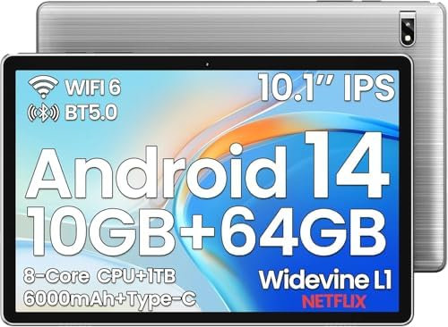 2025 Newest Android 14 Tablet, 10.1 Inch Tablet with 10GB+64GB 1TB Expand, Octa-core Processor, 6000mAh Battery, 2.4G+5G Wi-Fi 6, 2MP+8MP, Widevine L, Bluetooth5.0, 1280 * 800 FHD Touch Screen-Gray