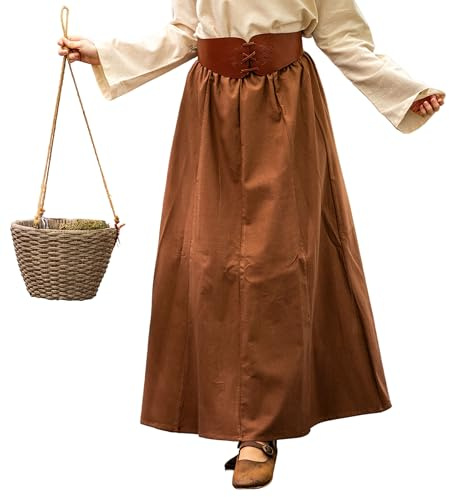 Leonardo Carbone® Damen Rock Smilla | Elastischer Bund | Fließender Schnitt | Karneval, Halloween, Cosplay, LARP, Mittelalterrock, Kostüm, Gewand | 100% Baumwolle Tabak L/XL