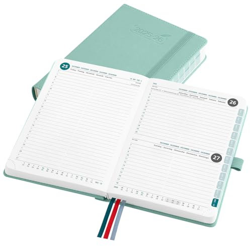 BEZEND 16-Monate Kalender 2025 2026 (Sep 25-Dez 26), Tagesplaner 1 Tag 1 Seite mit Zeitleiste, 30 Minuten Takt Tageskalender din B6 12 x 17 cm, Terminplaner 25/26 mit PU-Leder Hardcover, Mintgrün