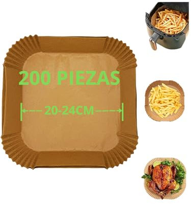 Papel para Freidora de Aire 200 unidades 20x20 cm | Moldes Antiadherentes Desechables | Apto para Air Fryer de 5-8L | Cocina sin Esfuerzo y sin Suciedad.