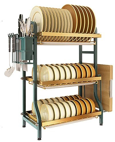 Escurridor de platos de color dorado y verde: elegante organizador de cocina de 2 o 3 niveles con escurridores resistentes a la oxidación, escurridor, soportes para utensilios y tablas de cortar