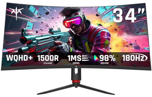 KTC 34 Inch Curved Ultrawide Monitor, UWQHD (3440 x 1440) 180Hz Gaming Monitor, Adaptive Sync, 21:9 VA Panel 1500R, 1ms MPRT, HDR10, 2 x DP 1.4 (180Hz), 2 x HDMI 2.1(100Hz), H34S18S