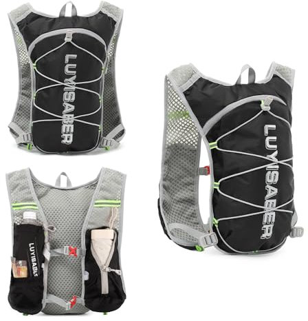 Sahunfri Running Vest with Water Bottles ,Reflective Running Backpack with Phone Holder,Large Capacity,Running Hydration Bag Vests for Women Men (Black)