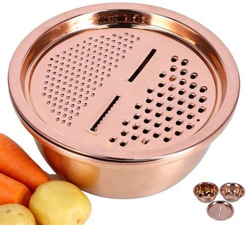 Stainless Steel Basin with Grater, 3 in 1 Vegetable Cutter with Drain Basket 3PCS Vegetable Washing Bowl and Strainer for Washing Vegetables (Rose Gold)