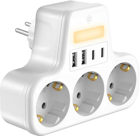 Zelkan Multiprise USB C et Veilleuse - Multiprises avec 3 Prises Horizontales - 2 Ports USB-A, 2 Ports USB-C - Multiprise Murale sans Câble - Prise Multiple - Blanc