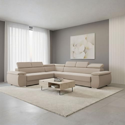 FORNIRO 24 Dantino Ecksofa 318x255x79 Beige Wohnzimmer Couch Schlafsofa | Mit Schlaffunktion & Bettkasten - L-Form - Kissen - Stoff Komfort | ausziehbar Gäste bequem Stauraum Design hochwertig robust