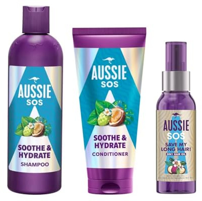 Aussie SOS Soothe & Hydrate Bundle contains Shampoo 300ml, Conditioner 200ml & Aussie SOS Save My Lengths 3 in 1 Hair Oil 100ml, Leaving It Soft, Smooth & Shiny Hair