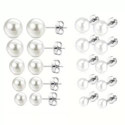 TSUOUKL 5 Paar Süßwasserperlen Ohrringe Echt 925 Silber Perlenohrringe Stecker Weiß Süßwasser-Zuchtperlen Ohrringe Set für Damen Mädchen