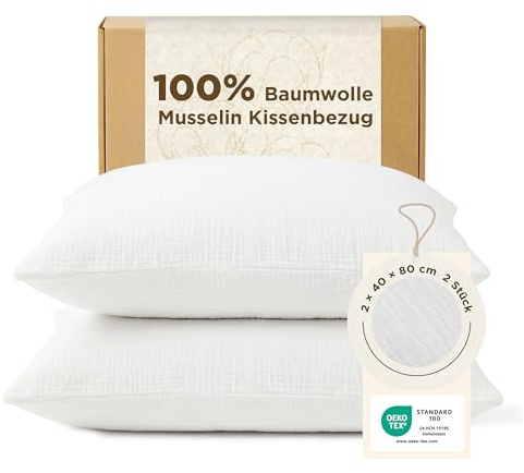 BEDSURE Musselin Kissenbezug 40x80 2er - 100% Baumwolle, Weiß, Oeko-TEX | Kopfkissenbezug 40 x 80, Muslin Kissenbezüge mit Reißverschluss, Weich, Sicher, Atmungsaktiv, Hautfreundlicher Komfort
