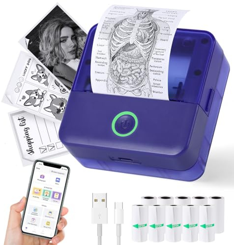 cudinham Print Pods Mini Drucker, Thermo Tintenloser Aufkleber Maker mit 10 Rollen Druckpapier, Pocket Printpod für Telefon, Impresora Portátil für Notizen, DIY, Kompatibel mit iOS & Android (Lila)