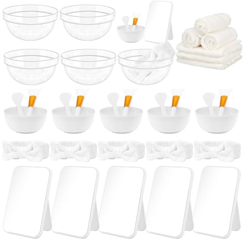 42Pcs Spa Party Supplies for Women Girls, for Slumber Sleepover Birthday | Include 6 Clear Bowls, 6 White Mirrors, 6 Bow Headbands, 6 Facial Mask Bowl, 6 Silicone Brush, 6 Spatula, 6 Towel