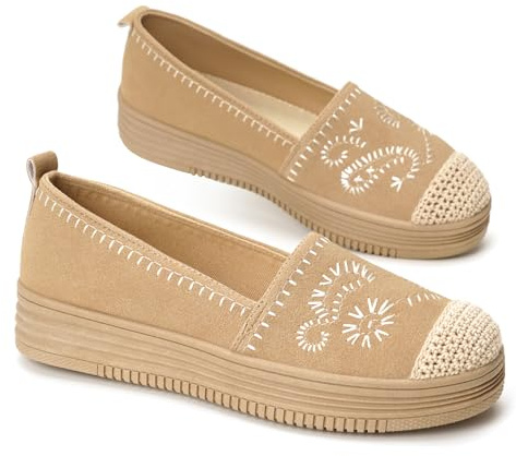 GLAMORA Bailarinas Mujer Manoletinas Merceditas Slip On Lona Zapatos Planos Plataforma Baja Zapatillas Casual Cómodas Primavera Verano Puntera Crochet Estilo Esparto con Detalle Bordado