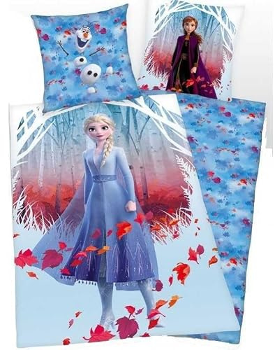 Bettwäsche Disney Die Eiskönigin, Mikrofaser, 140 x 200 cm – Bettbezug + Kissenbezug 63 x 63 cm – Kinder Mädchen – Elsa Anna Schlafzimmer (A)