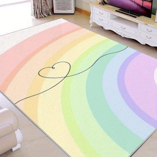 RICAUOU Niedlicher Regenbogenstreifen Teppich, 80x150cm Ästhetischer Herzmuster, Farbenfroher Kinderzimmerteppich Mädchenzimmer, rutschfeste, Waschbare und Leicht Zu Reinigende Spielmatte für Schlaf