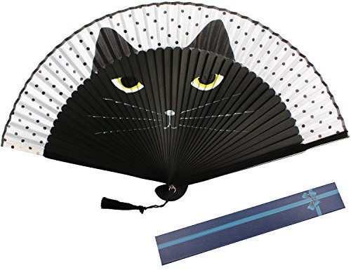 KAKOO Éventail Chat Pliant Ventilateur à Main en Soie Bambou de Style Simple Japonais pour Cadeau de Fête Décoration Cosplay DIY (Noir)