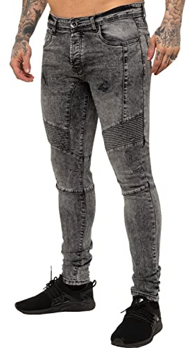 Enzo Jeans pour homme coupe skinny stretch déchiré pour motard, Acide noir, 28 W/32 L