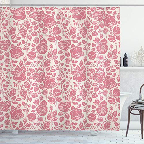 ABAKUHAUS Koralle Duschvorhang, Vintage Rosen Feminine, Stoffliches Gewebe Badezimmerdekorationsset mit Haken, 175 x 200 cm, Dunkle Koralle Kokosnuss