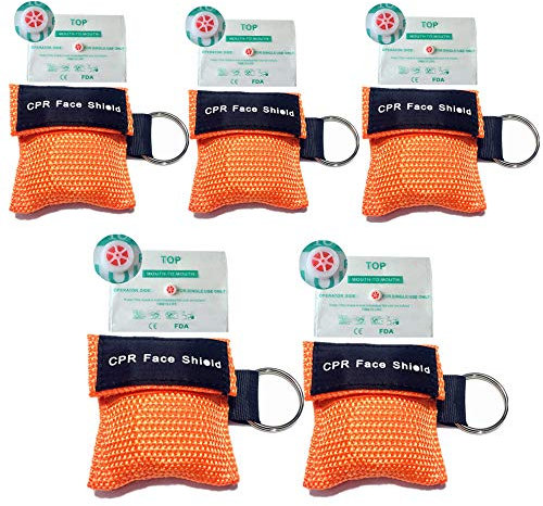 CPR Gesichtsschutz, 5 Stück, CPR Beatmung, Gesichtsmaske, Schlüsselanhänger, Ringbeutel für Erste-Hilfe-Herzwiederbelebungstraining (Orange)