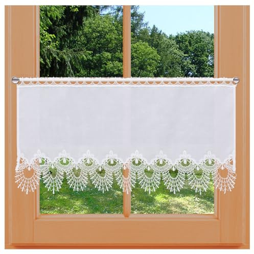 Feenhaus-Scheibengardine Nastja aus Vogtländischer Spitze - Landhaus-Scheibenhänger mit Fächerspitze weiß | klassische Spitzengardine handgefertigt | rustikal-moderne Bistro-Gardine HxB 40 x 67 cm
