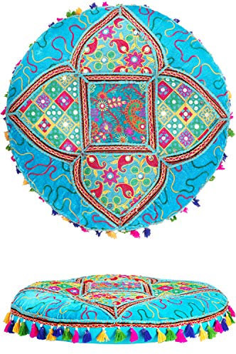 Orientalische Kissen Bodenkissen Bunt aus Baumwolle ø 55cm inklusive Füllung | Marokkanisches Sitzkissen Sitzpouf Bahri Blau Rund | Orientalisches rundes Yogakissen Meditationskissen bestickt
