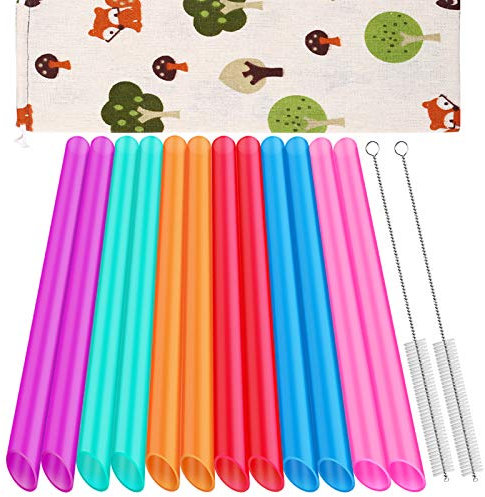 Lot de 12 pailles réutilisables Boba et smoothie avec 1 sac de rangement et 2 brosses - Sans BPA - Qualité alimentaire